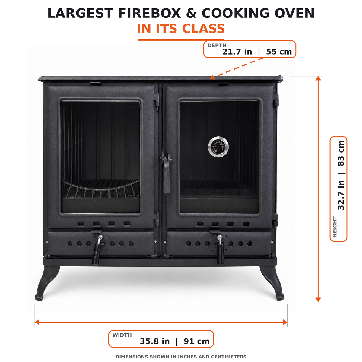 MEGA Black Cast Iron Stove with Oven Durable Cast Iron Fireplace  Largest Firebox & Cooking Oven in Its Class