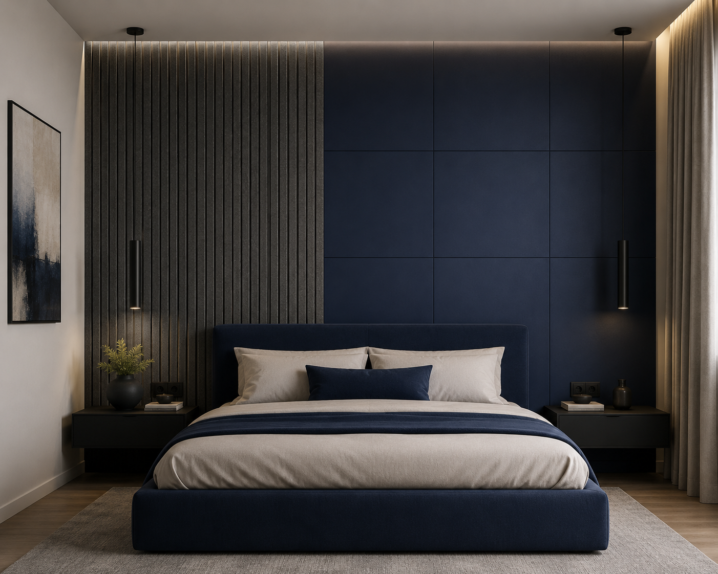 Modern Sound Absorbing Decorative Wall Panels Teak&Blue (1.44 m2 - 15.5 sq ft) 4-Pack