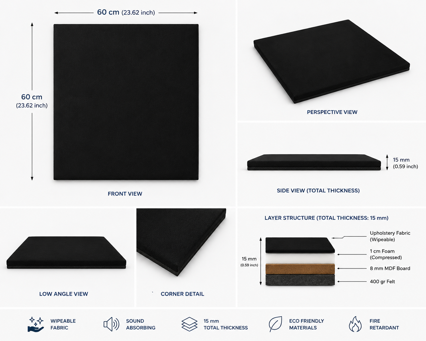 Decorative Acoustic Wall Panels – Sound Absorbing Upholstered Panels Black (1.44 m2 - 15.5 sq ft) 4-Pack