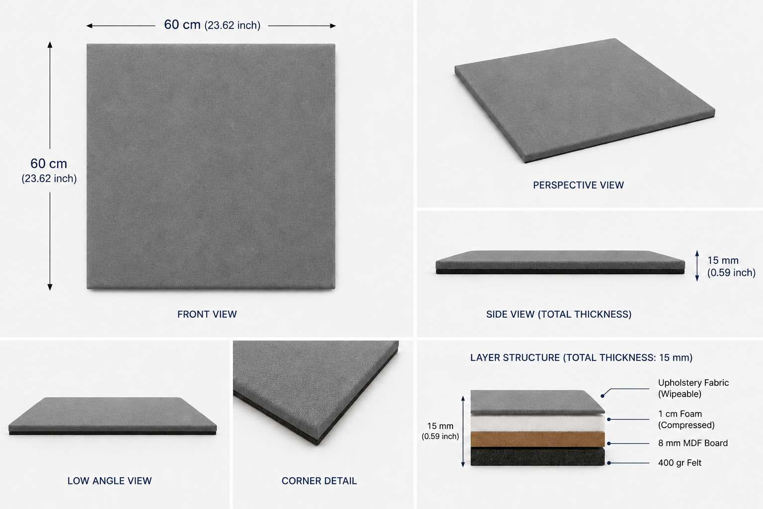 Modern Sound Absorbing Decorative Wall Panels Grey (1.44 m2 - 15.5 sq ft) 4-Pack