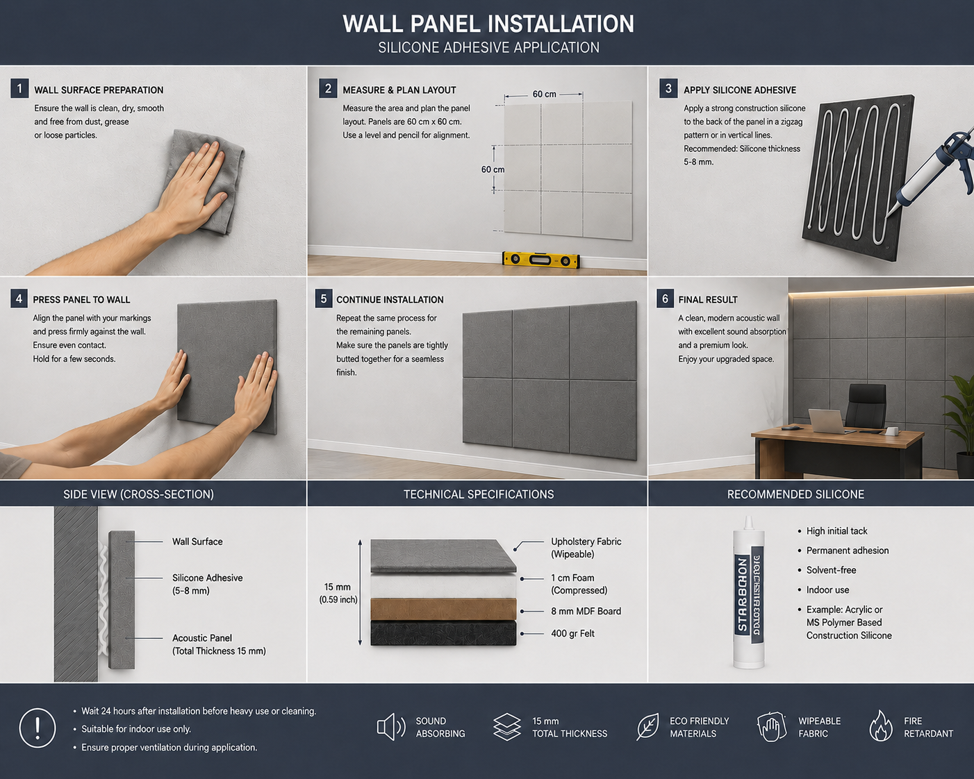 Modern Sound Absorbing Decorative Wall Panels Grey (1.44 m2 - 15.5 sq ft) 4-Pack