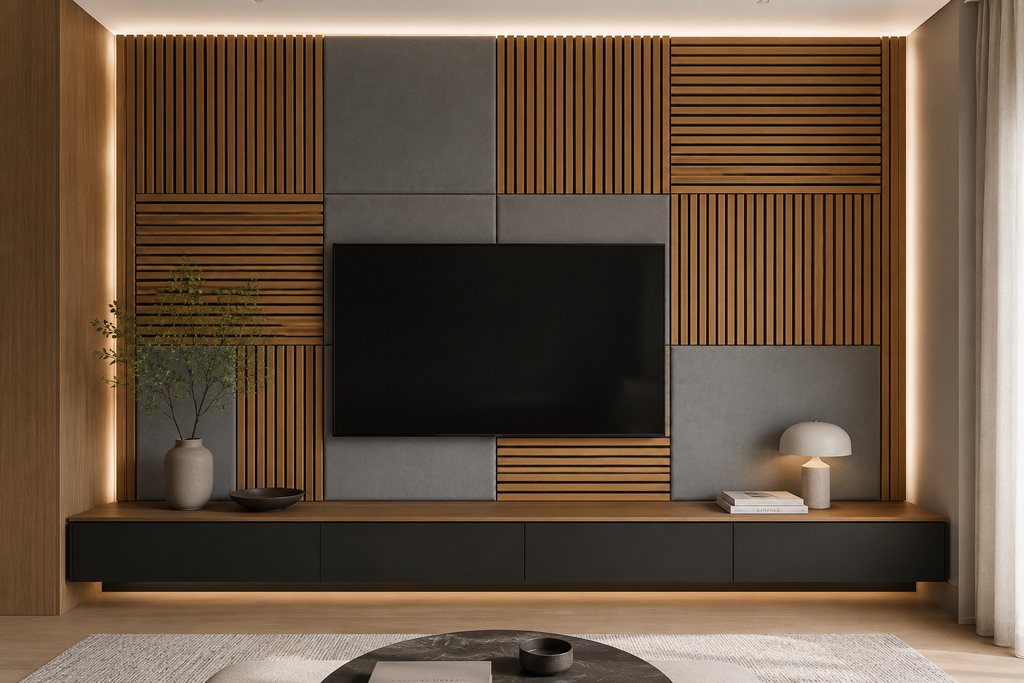 Modern Sound Absorbing Decorative Wall Panels Teak&Grey (1.44 m2 - 15.5 sq ft) 4-Pack