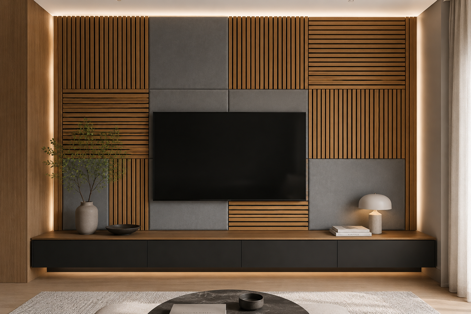 Modern Sound Absorbing Decorative Wall Panels Teak&Grey (1.44 m2 - 15.5 sq ft) 4-Pack
