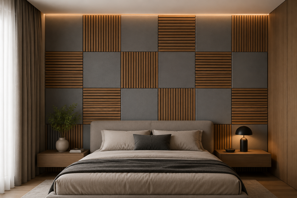 Modern Sound Absorbing Decorative Wall Panels Teak&Grey (1.44 m2 - 15.5 sq ft) 4-Pack