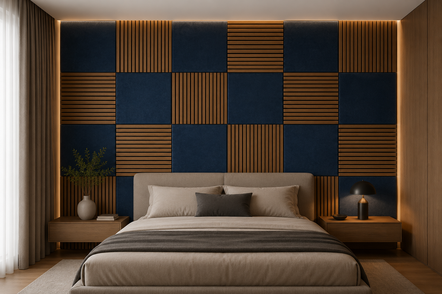 Modern Sound Absorbing Decorative Wall Panels Teak&Blue (1.44 m2 - 15.5 sq ft) 4-Pack