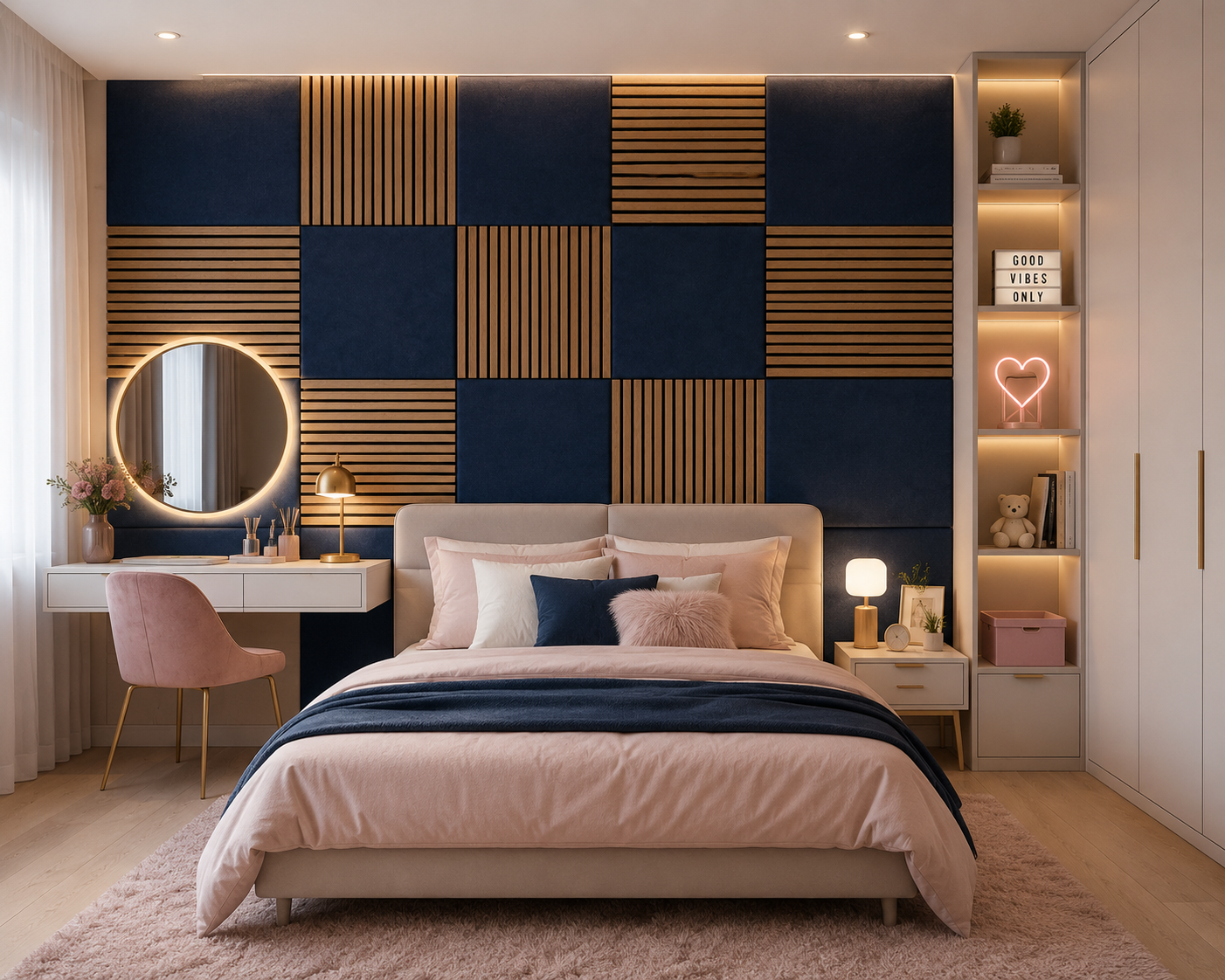 Modern Sound Absorbing Decorative Wall Panels Teak&Blue (1.44 m2 - 15.5 sq ft) 4-Pack