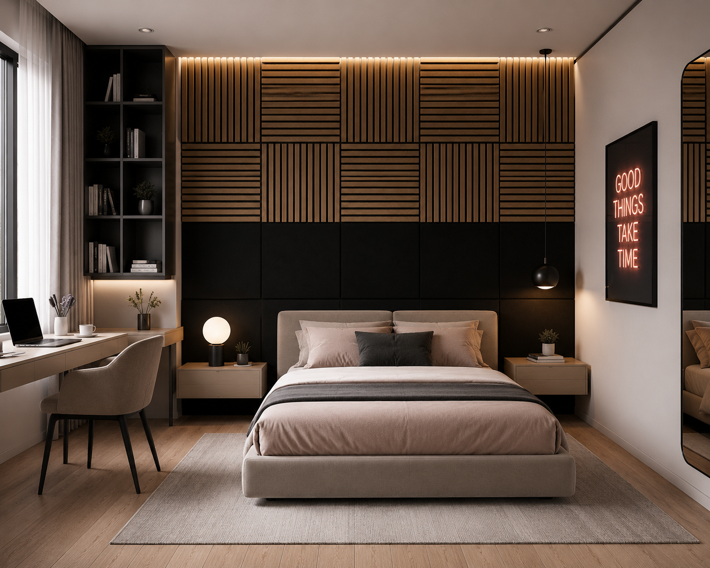 Modern Sound Absorbing Decorative Wall Panels Teak&Black (1.44 m2 - 15.5 sq ft) 4-Pack
