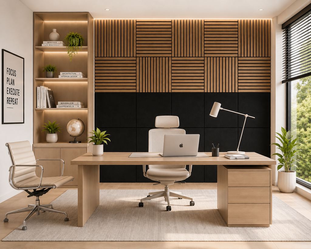 Modern Sound Absorbing Decorative Wall Panels Teak&Black (1.44 m2 - 15.5 sq ft) 4-Pack
