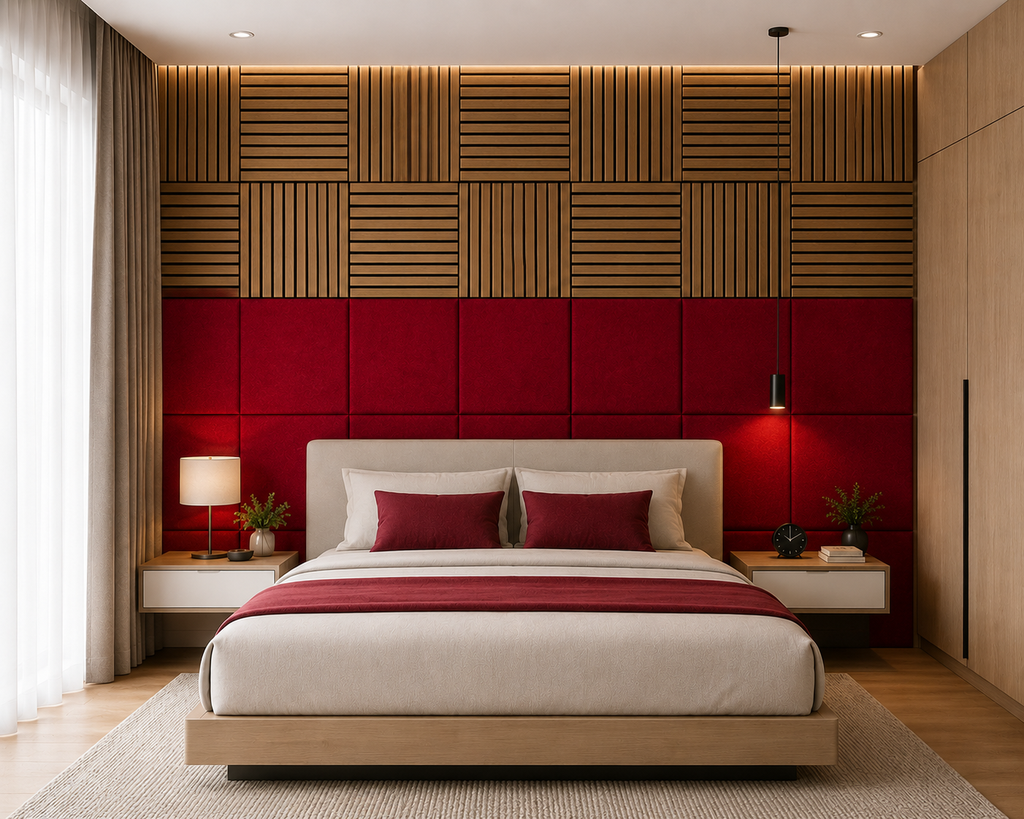 Modern Sound Absorbing Decorative Wall Panels Teak&Red (1.44 m2 - 15.5 sq ft) 4-Pack