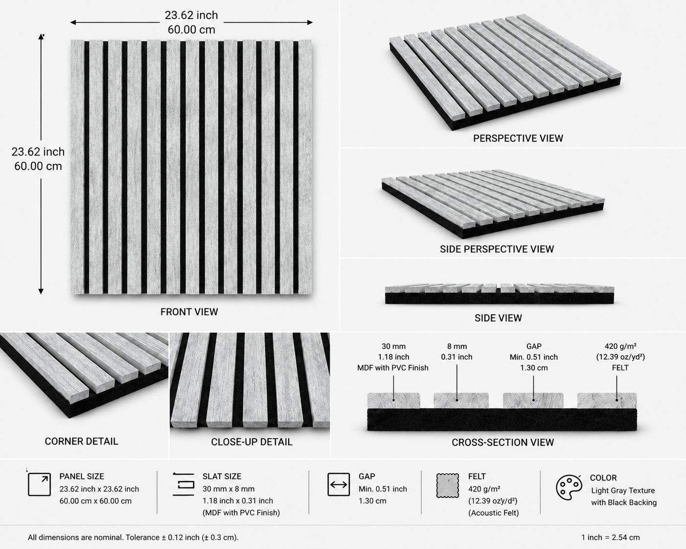 Modern Slat Acoustic Wall Panel 4-Pack Grey (1.44 m2 - 15.5 sq ft) 4-Pack