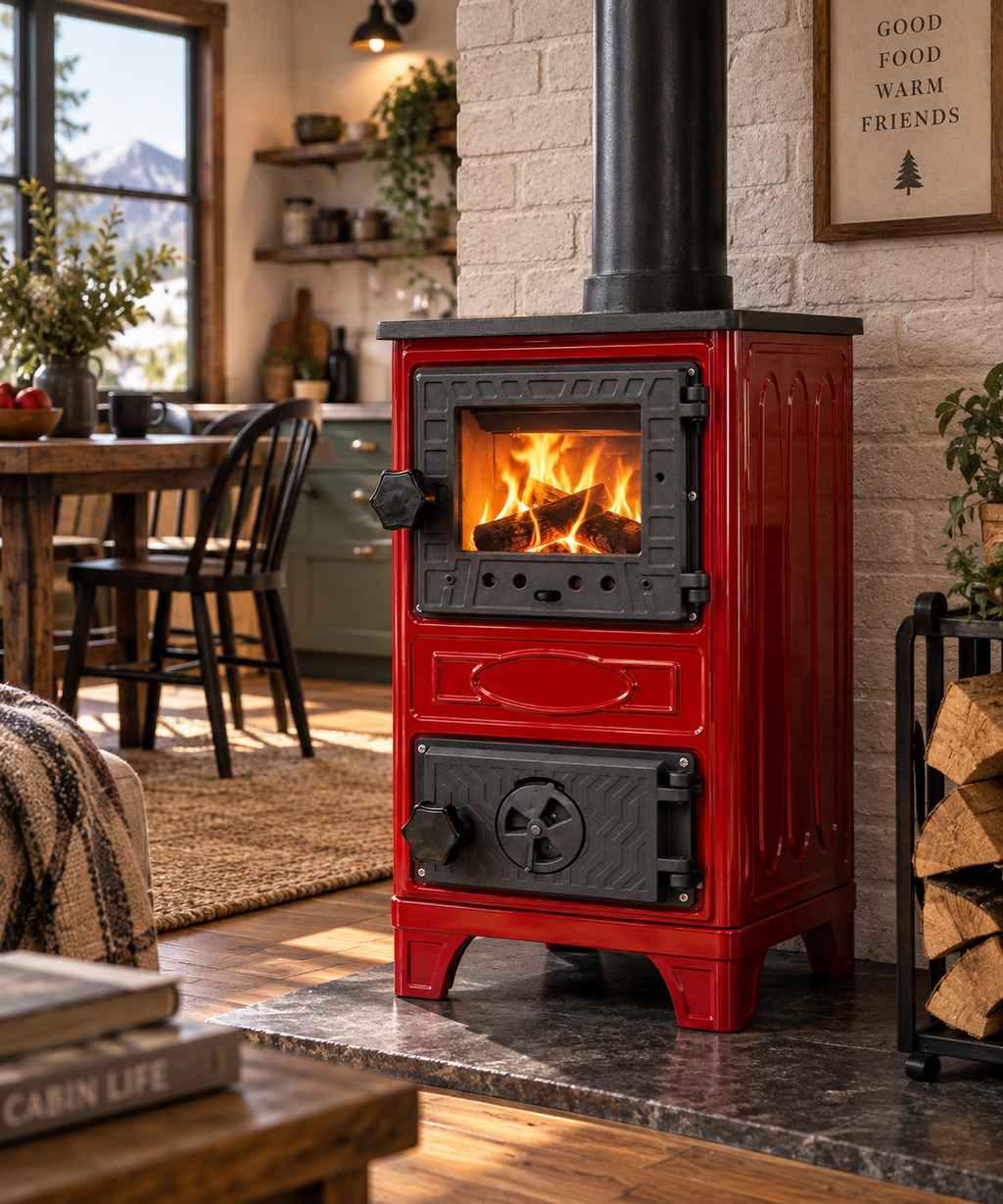 Portable  Red Wood Burning Stove – Compact Cabin & Camping Cook Stove