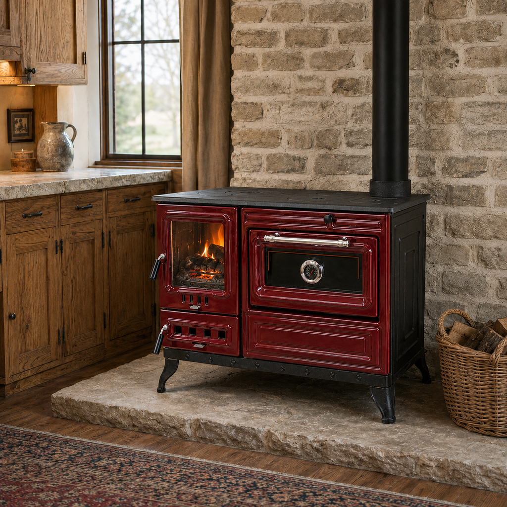 Red Cast Iron Burning Fireplace Wood Stove Anatolian Red