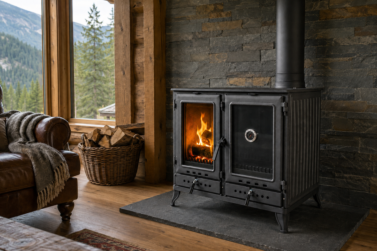 MEGA Black Cast Iron Stove with Oven Durable Cast Iron Fireplace  Largest Firebox & Cooking Oven in Its Class
