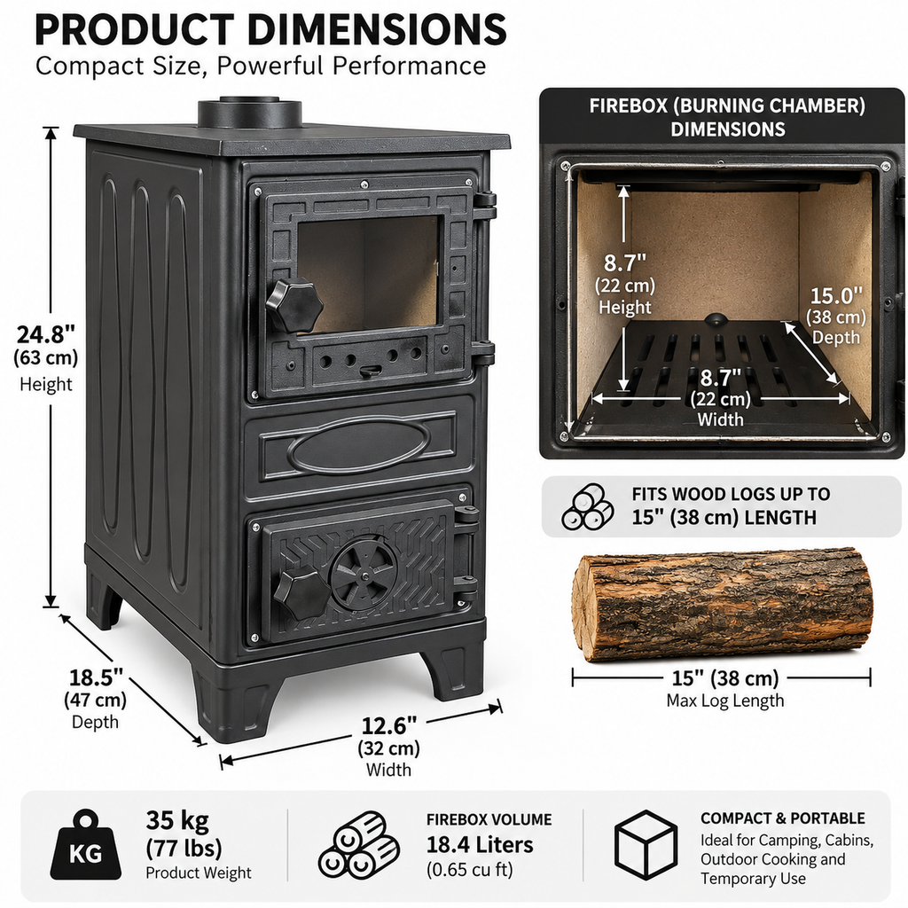 Portable Black Wood Burning Stove – Compact Cabin & Camping Cook Stove