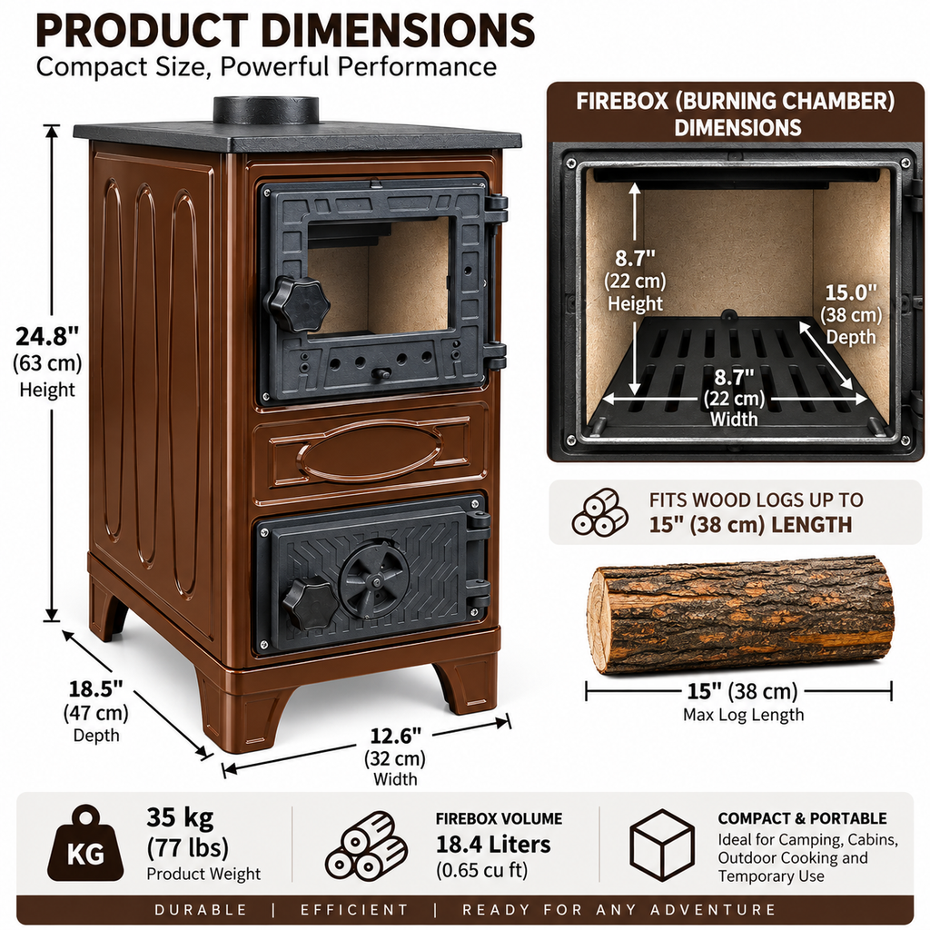 Portable Brown Wood Burning Stove – Compact Cabin & Camping Cook Stove