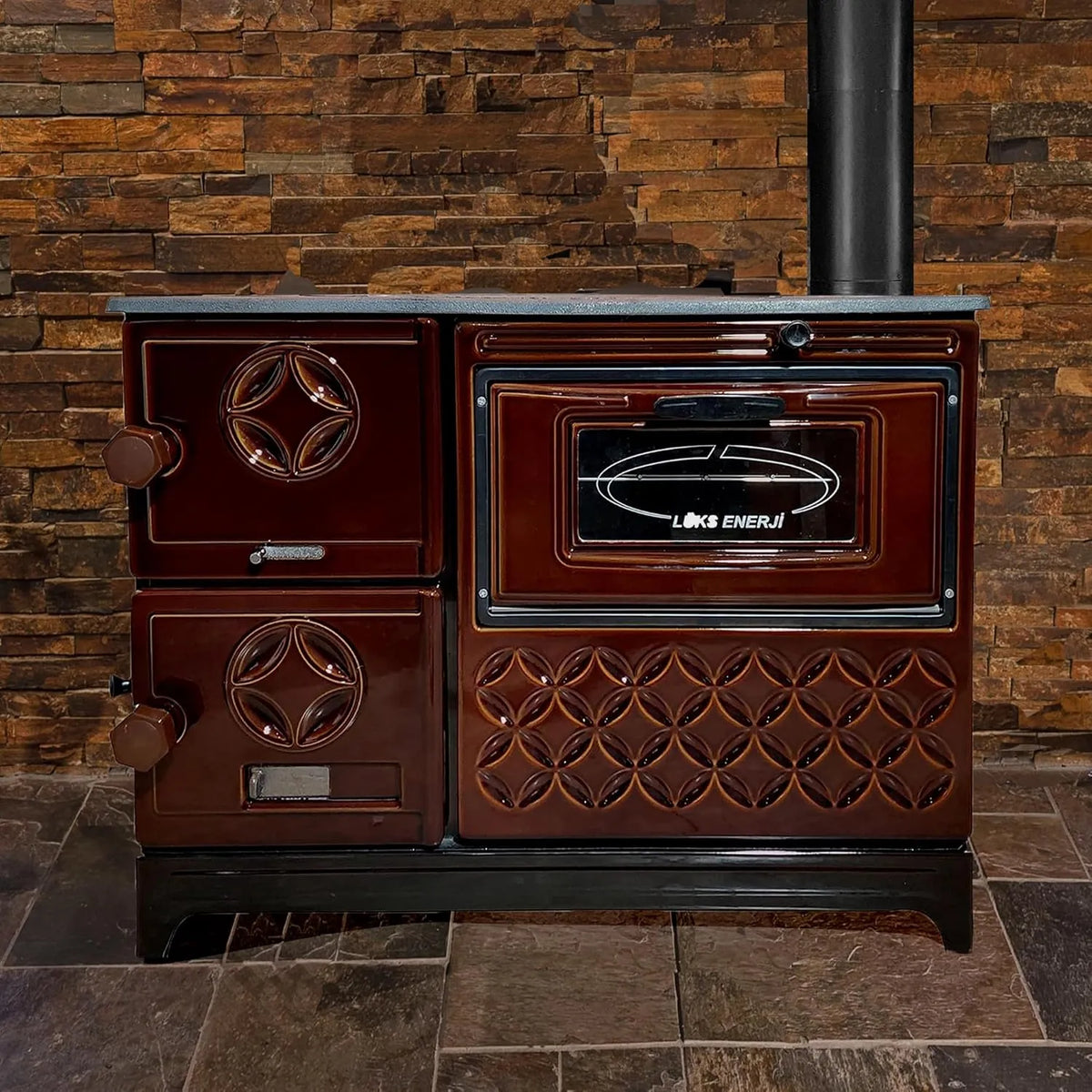 Brown Cast Iron Wood Stove Pipe Set - 3 Straight Pipes + 1 Elbow Pipe - TheCastingFire