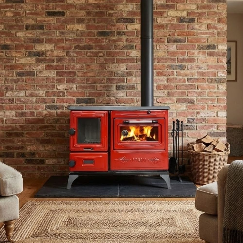 Red Cast Iron Burning Fireplace Wood Stove